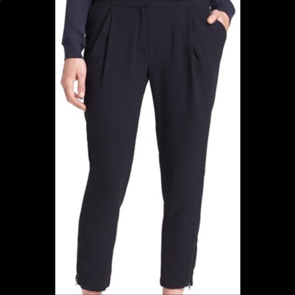 Vince blue side zip ankle length pleated crepe trousers sz2